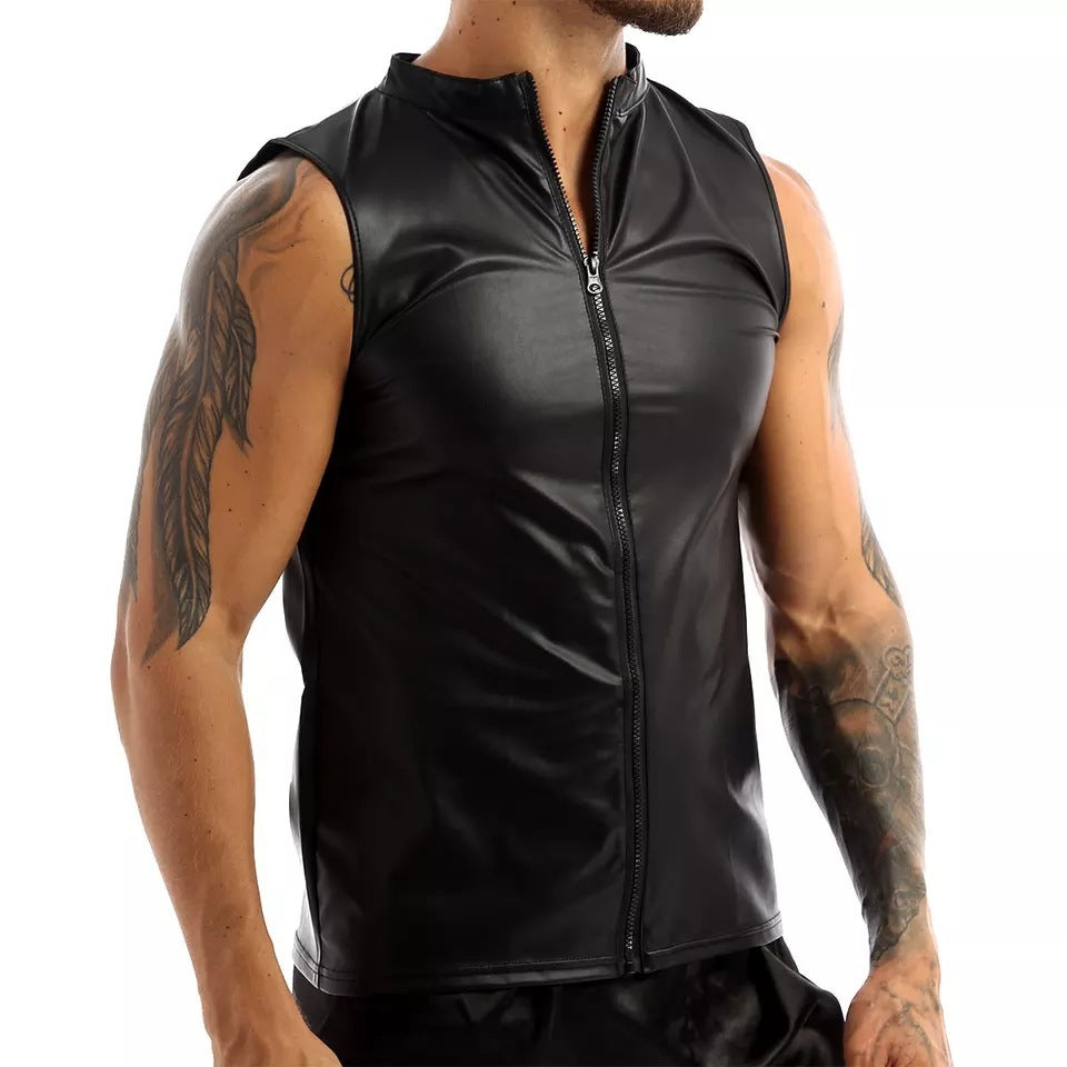 Men's Matte Leather Tank Top Shiny Leather Sleeveless