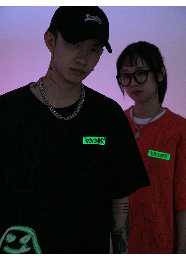 Bear Print Short-Sleeved Men And Women Couple Loose Graphic