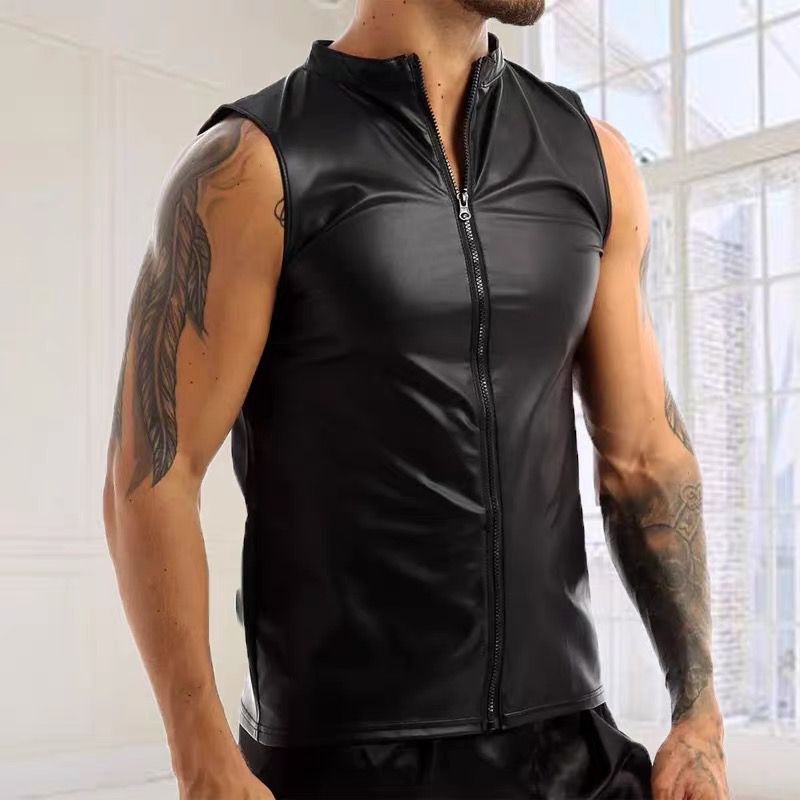 Men's Matte Leather Tank Top Shiny Leather Sleeveless