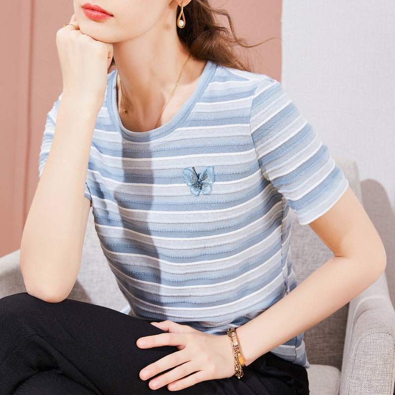 Striped T-shirt Round Neck Butterfly Embroidered Short Sleeve