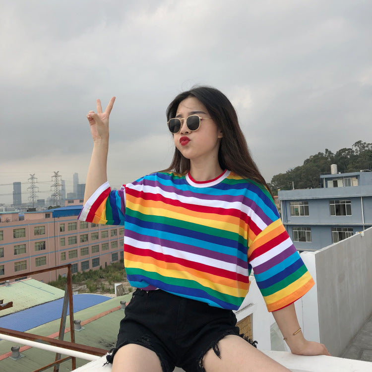 Rainbow striped T-shirt women