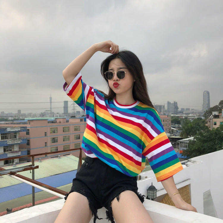 Rainbow striped T-shirt women