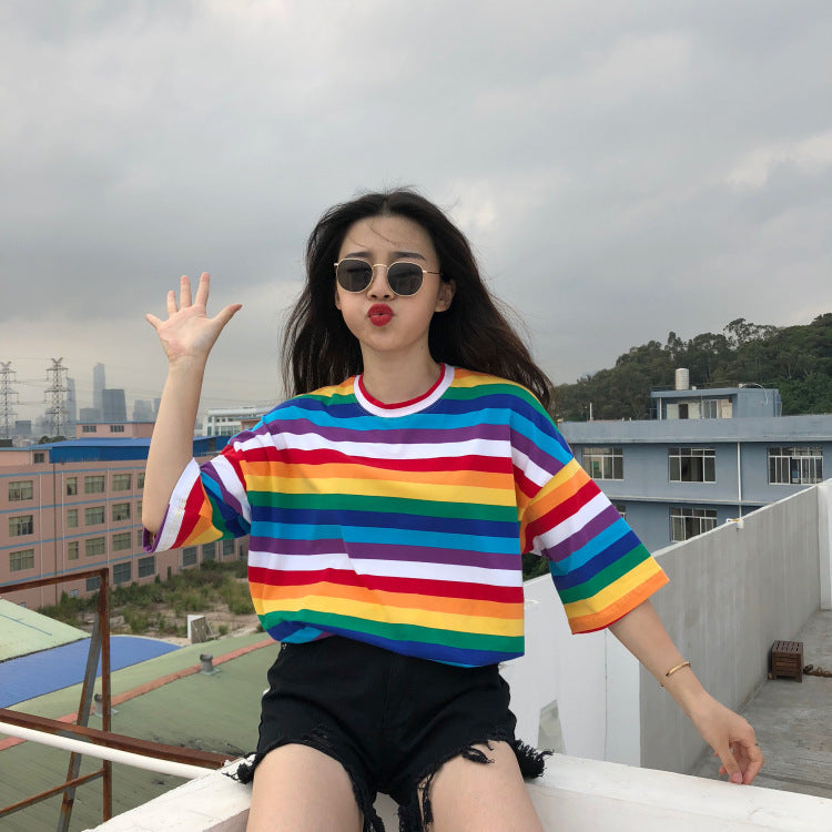 Rainbow striped T-shirt women