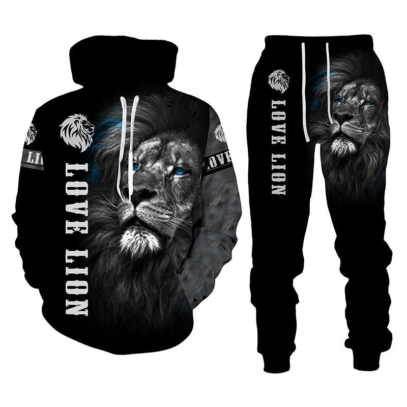 Lion Print Men Hooded Sweatshirt Set