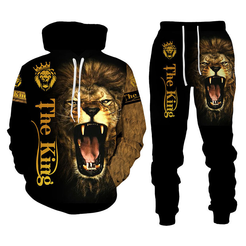 Lion Print Men Hooded Sweatshirt Set