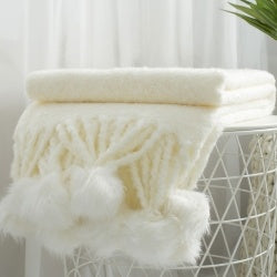 VERAMUSE Throw Blanket With Pompom Fringe White