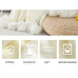 VERAMUSE Throw Blanket With Pompom Fringe White