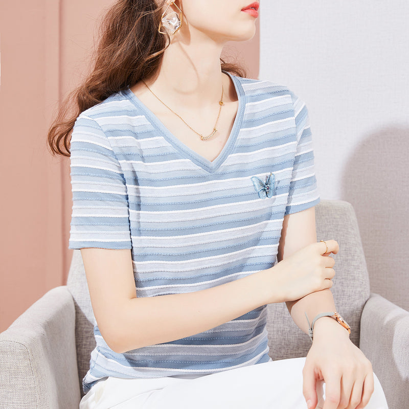 Striped T-shirt Round Neck Butterfly Embroidered Short Sleeve