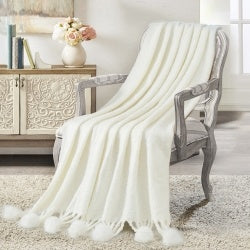 VERAMUSE Throw Blanket With Pompom Fringe White