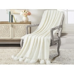 VERAMUSE Throw Blanket With Pompom Fringe White