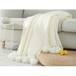 VERAMUSE Throw Blanket With Pompom Fringe White