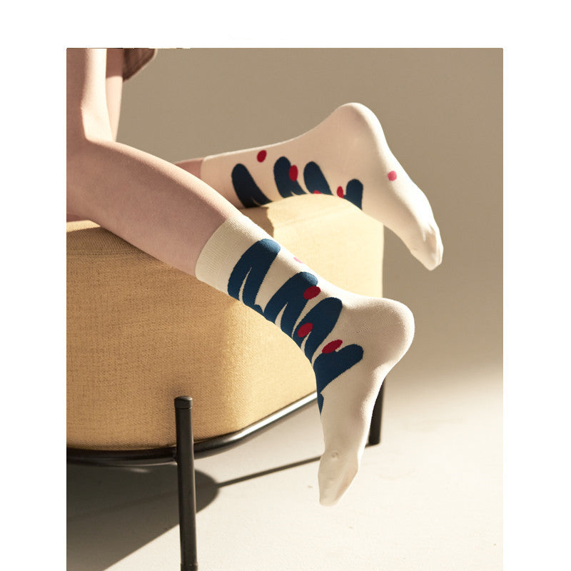 Socks Women's Tide Socks Ins Original Blue And White Curve Socks Letters Geometric Wild Socks Couple Socks Boneless Men's Socks