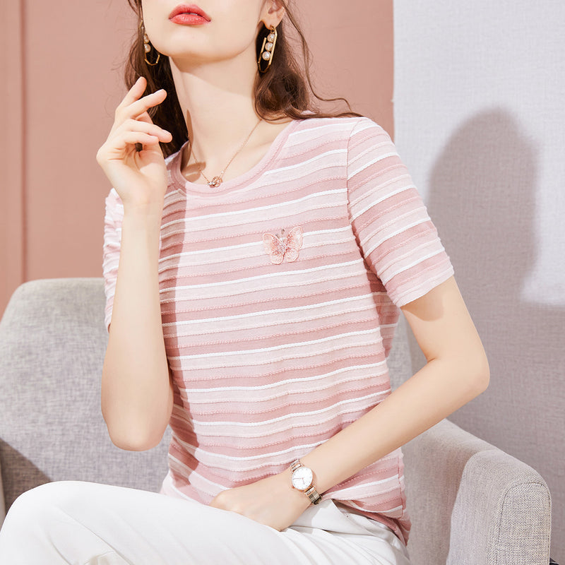 Striped T-shirt Round Neck Butterfly Embroidered Short Sleeve