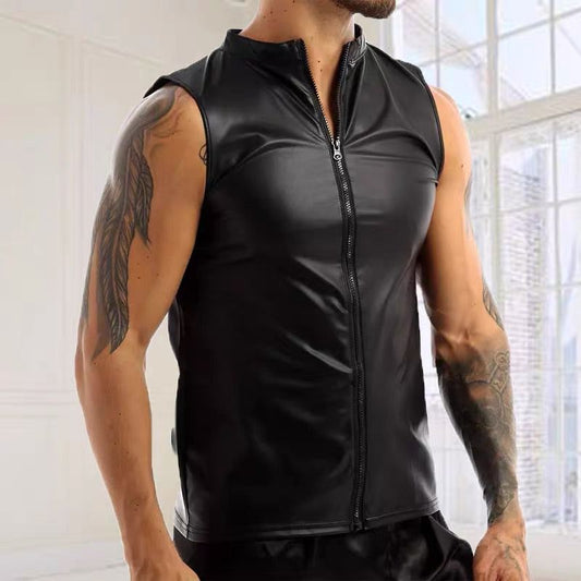 Men's Matte Leather Tank Top Shiny Leather Sleeveless