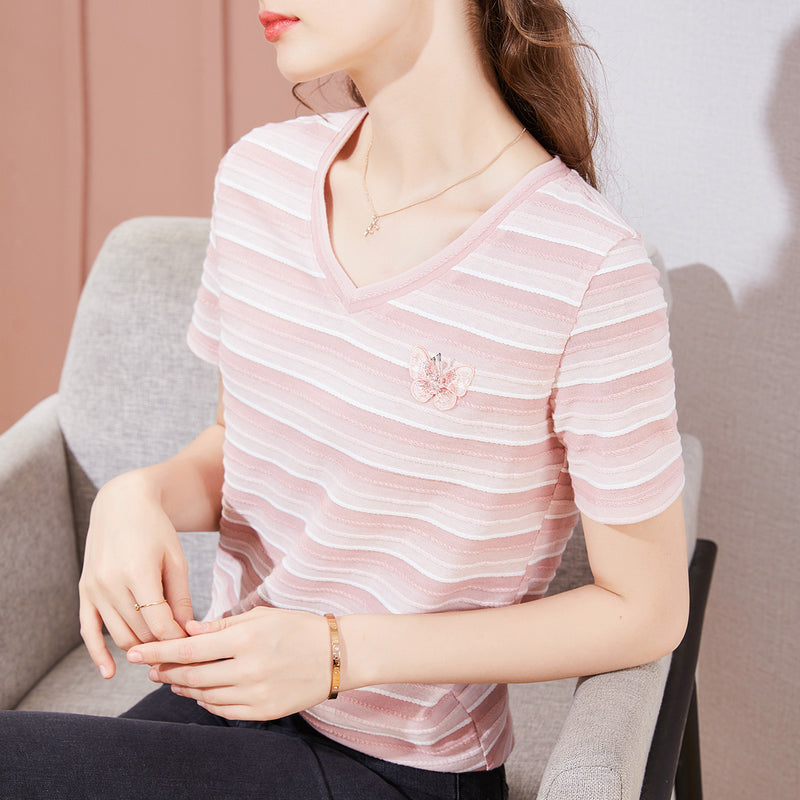 Striped T-shirt Round Neck Butterfly Embroidered Short Sleeve