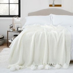 VERAMUSE Throw Blanket With Pompom Fringe White